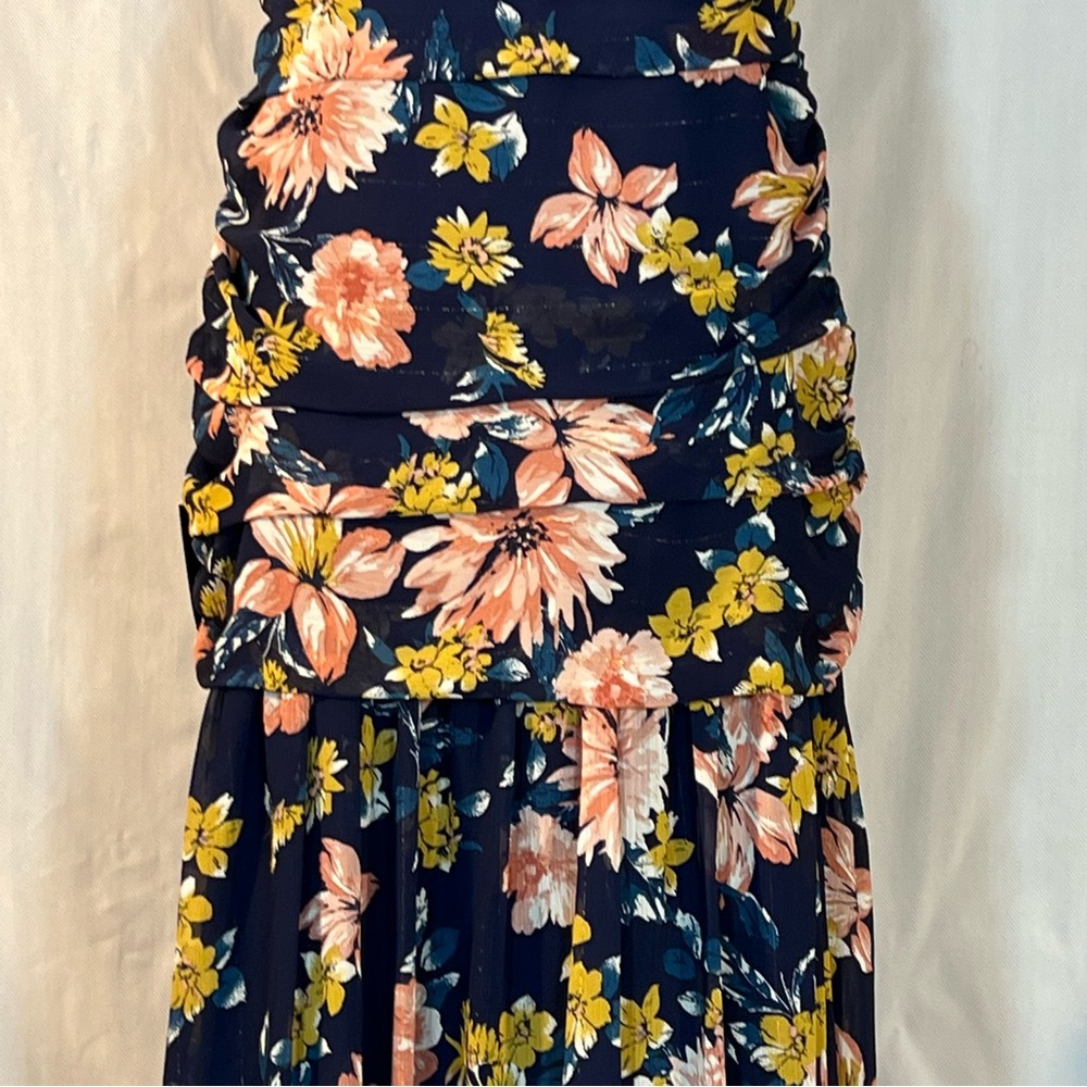 Lulus MIDI Floral Dress Blue Ruched Waist Flounce Skirt Slit Spaghetti Straps L - Picture 11 of 16